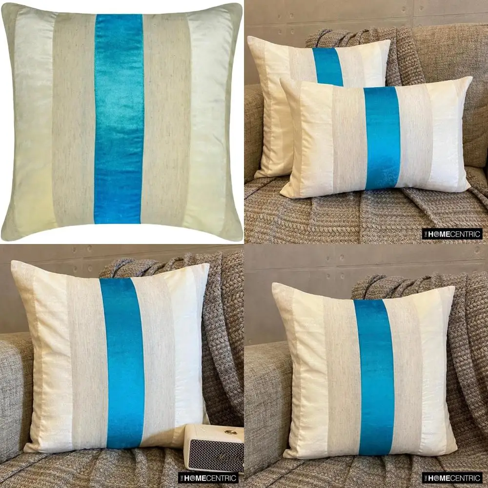 

Blue Velvet & Linen Patchwork Throw Pillows Set of 2, 18x18 Inches for Couch, Sofa, or Bed