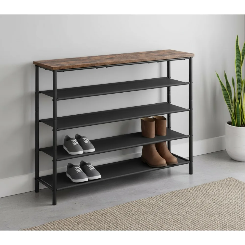 5-Tier Shoe Storage Organizer, Holds 20-24 Pairs of Shoes, 4 Fabric Shelves, Steel Frame, Industrial Rustic Brown and Black