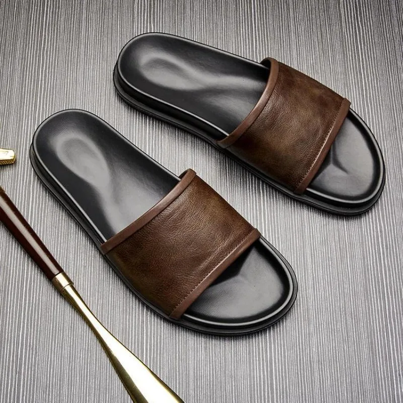 Soft Fashion Slippers Mens Outside Summer Shoes Flat Non-slip Thick Sole Beach Holiday Shoes Comfortable D886