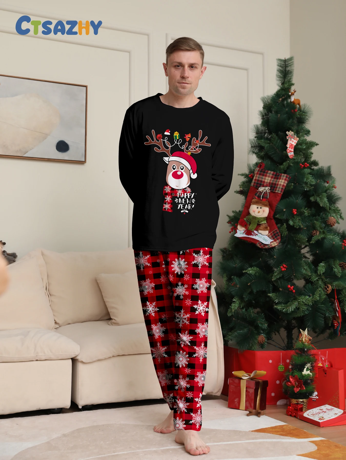 

Men's Christmas Sleepwear, Reindeer Design, Snowflake - Patterned Plaid Bottoms