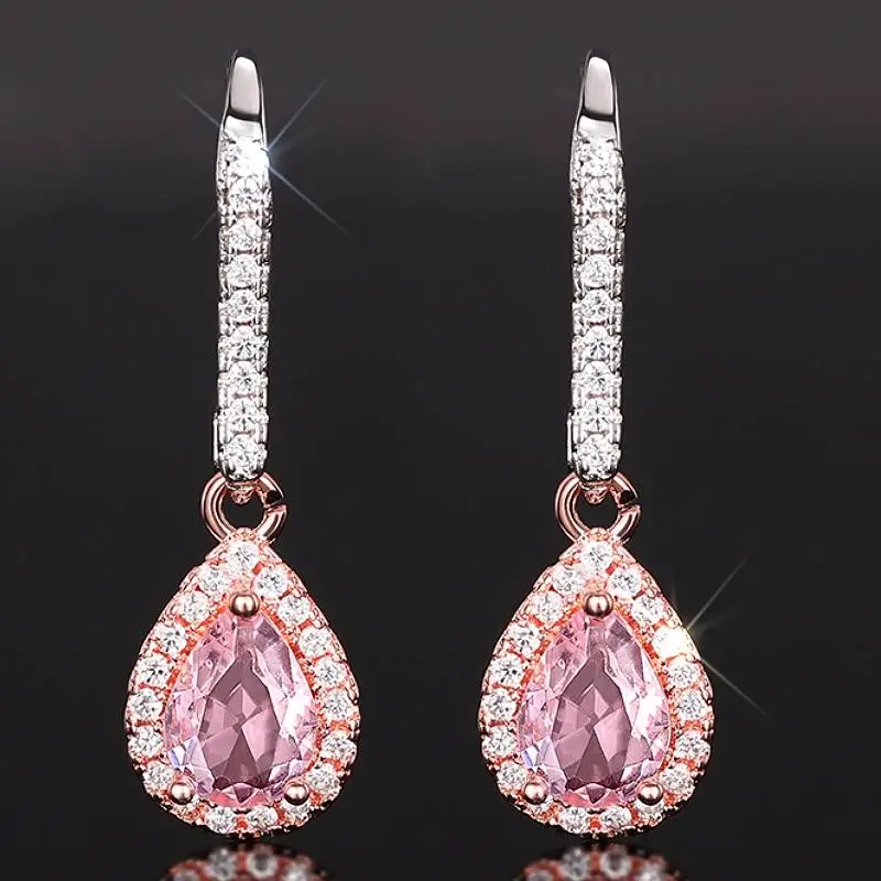 Huitan Elegante Damen-Tropfenohrringe für Hochzeit, Party, Alltag, Verlobung, trendige Accessoires, eingelegter rosa glänzender Zirkonia-Schmuck