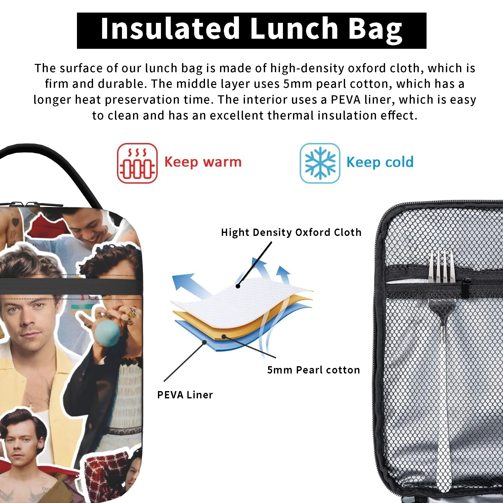Harrys Styles Thermal Insulated Lunch Bags for School Singer Portable Food Bag Cooler Thermal Lunch Box - view 3