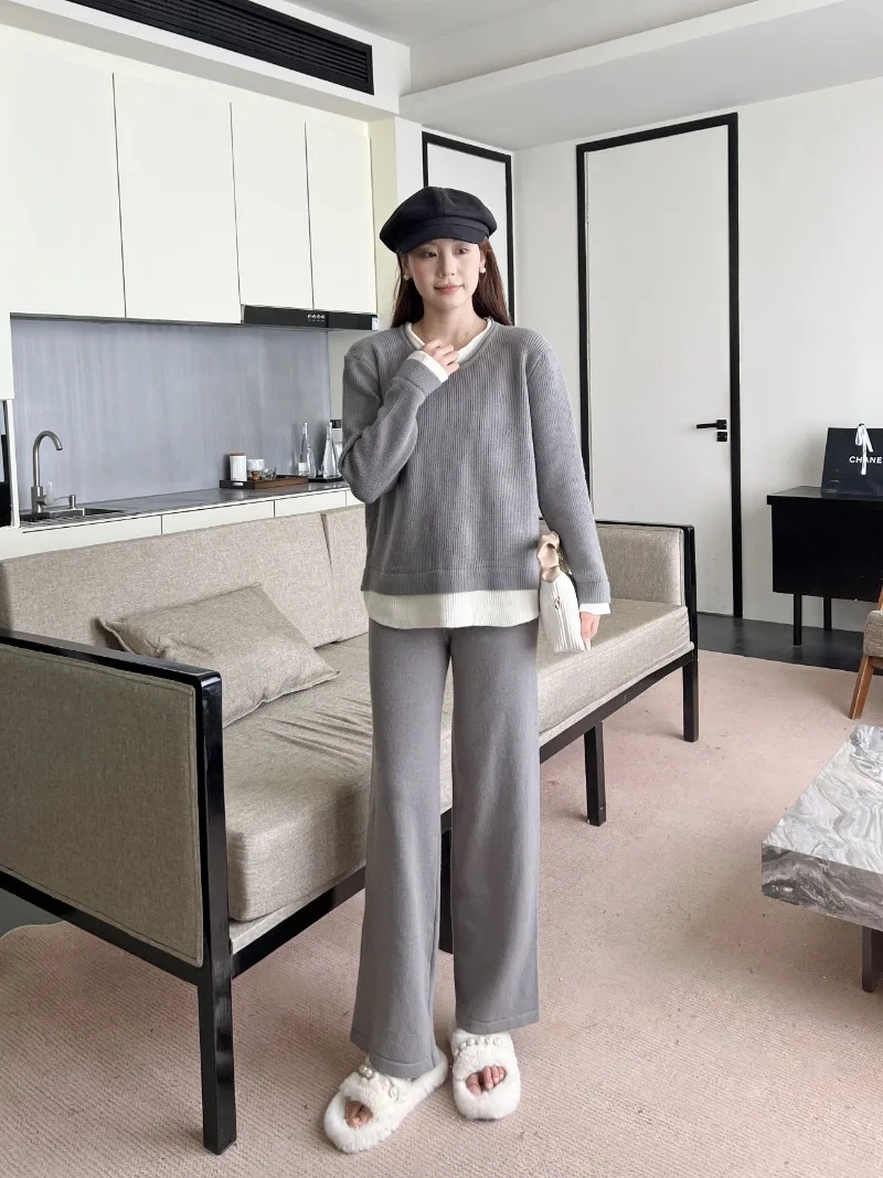 New Korean Fashion Two Piece Set Women Casual Knitted Wool Patchwork Long Sleeve Sweater Tops + Wide Leg Pants Trousers Sets