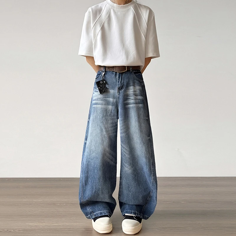 

2026 весна осень американские ретро потертые джинсы с кошачьим ножом мужские свободные повседневные свободные утягивающие ленивые свободные джинсы для пар мужские