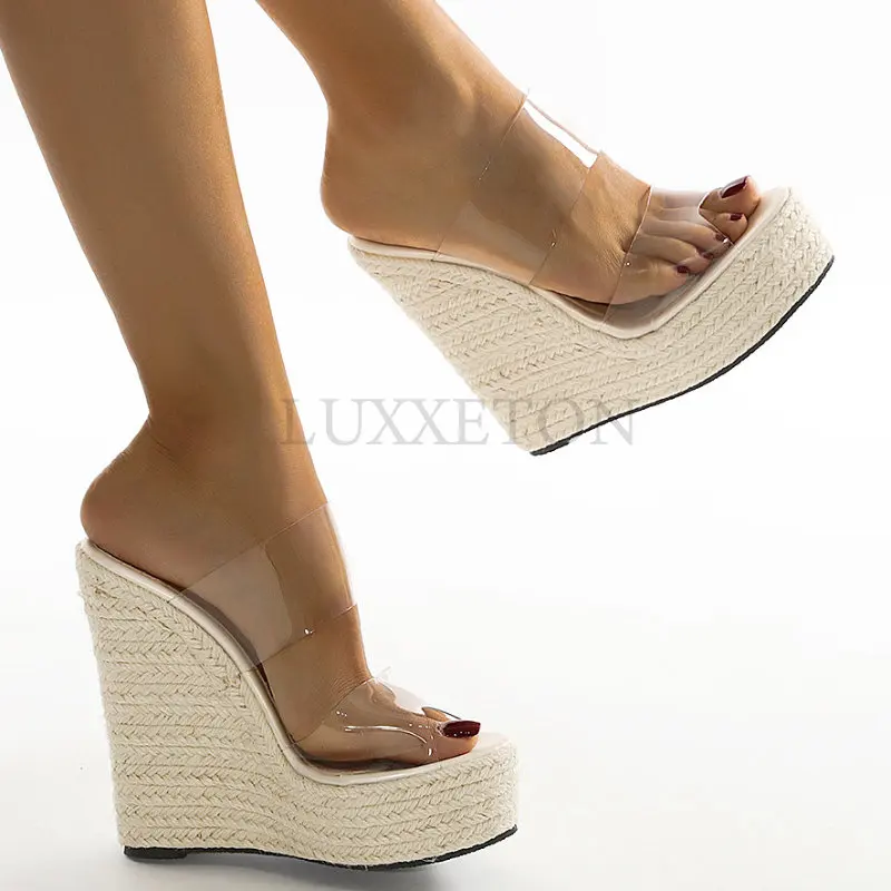 Summer PVC Transparent Peep Toe Cane Straw Weave Platform Wedges Slippers Sandals Women Fashion High Heels Female Shoes