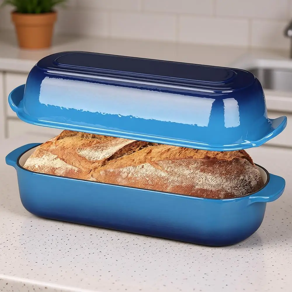 

Эмалированная чугунная форма для выпечки хлеба с крышкой, 12,5x5,5 дюймов, 5 кварт, цвет озерно-голубой