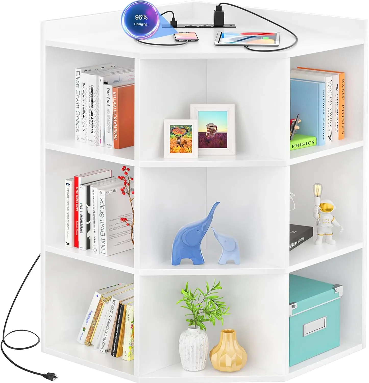 Corner Cabinet, Corner Storage with USB Ports and Outlets, Wooden Corner Bookshelf with 9 Cubes for Small Space,