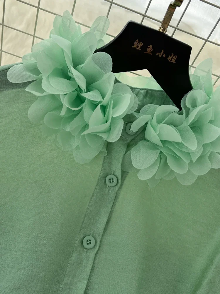 Bubble Sleeve Tuxedo Shirts for Women in Spring Autumn Sweet Three-dimensional Floral Temperament Trendy Blouse Top C126