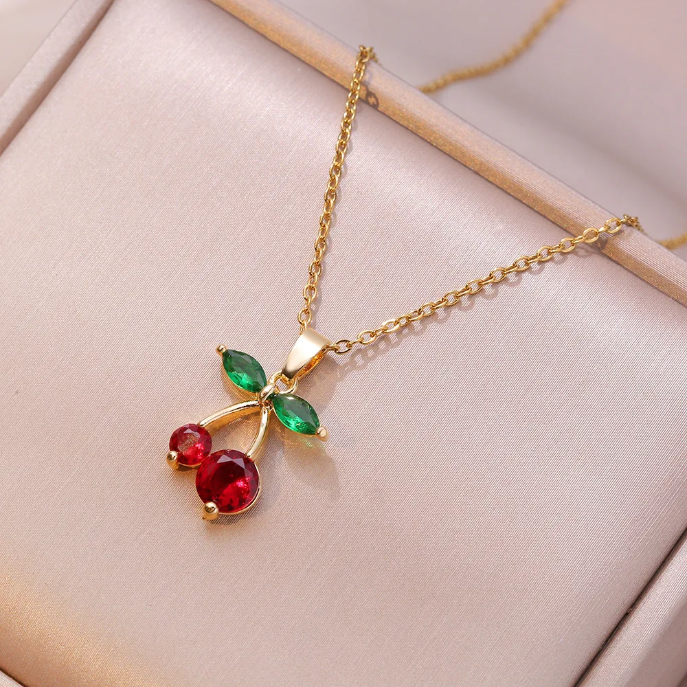 Stainless Steel Chain Classic Shiny Zircon Cherry Pendant Necklace for Women Lady Vintage Jewelry Accessories Gifts