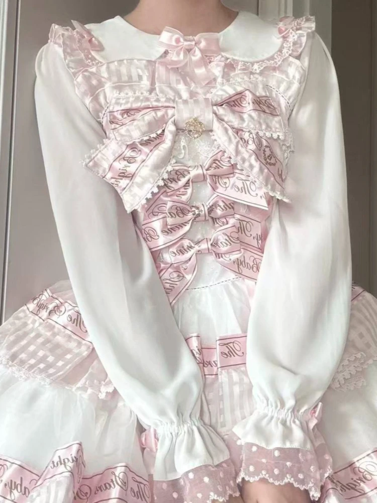 달콤한 로리타 느슨한 레이스 보우 긴 소매 쉬폰 셔츠 여성 일본 카와이 러블리 패치 워크 티셔츠 패션 예쁜 옷