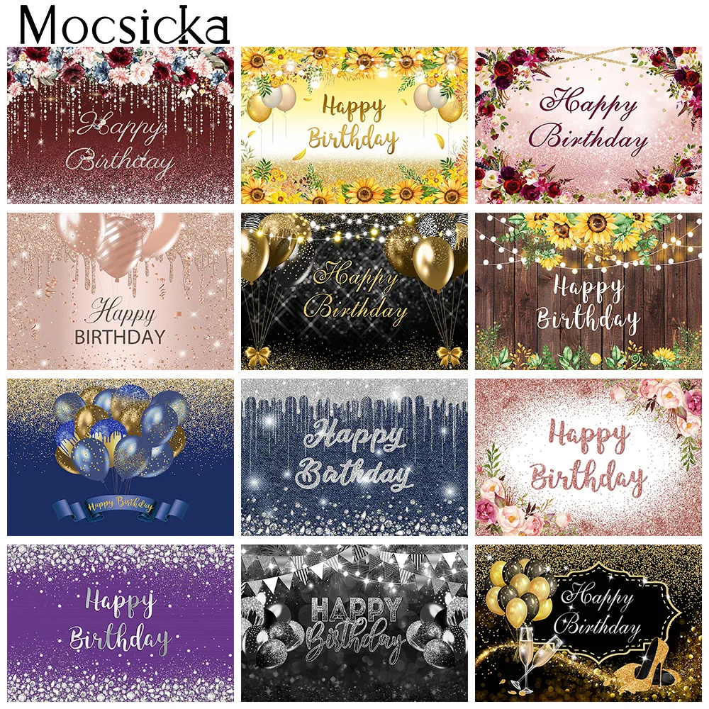 

Custom Happy Birthday Party Backdrop for Adult Bokeh Glitter Flowers Balloons Photo Woman Birthday Background Decorations Props