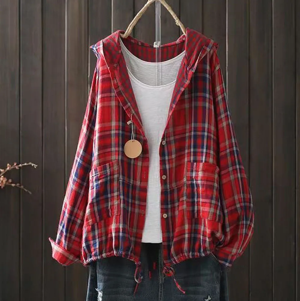 Korean fashion designer womens autumn loose hooded plaid shirts ladies cotton casual large size blouse tops female hoodies