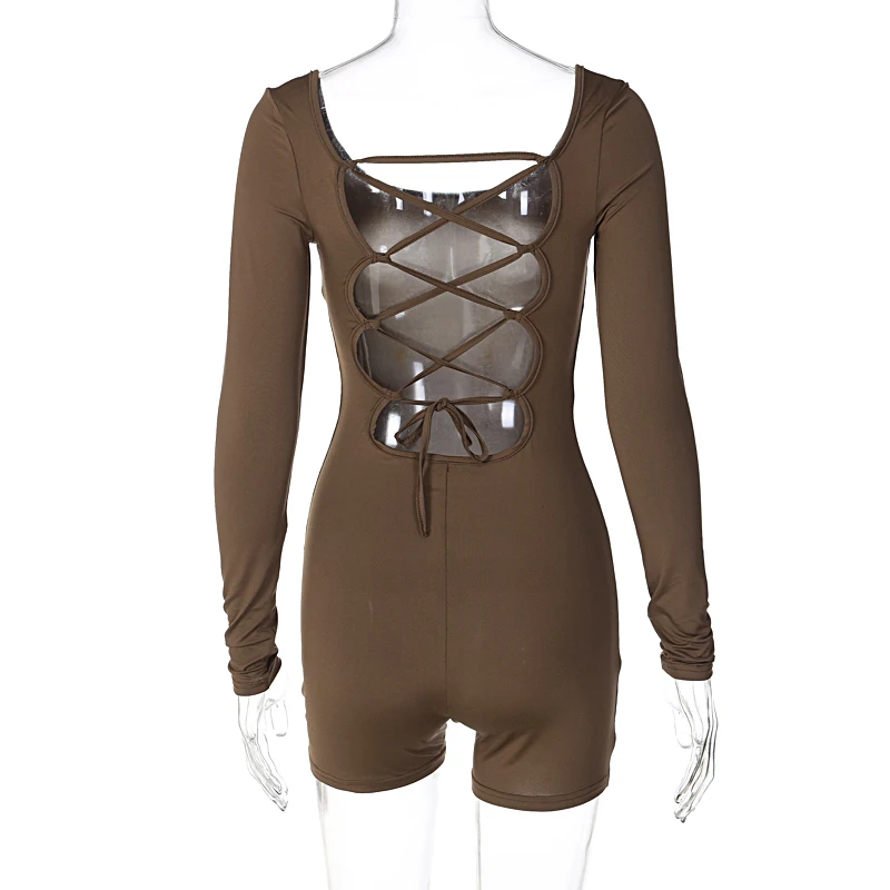 Hugcitar Lange Ärmel, rückenfrei, solide Schnürung, sexy, schlank, dünn, Overall, 2024, Herbst, Damenmode, Y2K, Streetwear, Party, Club, Rompe – Detail 10