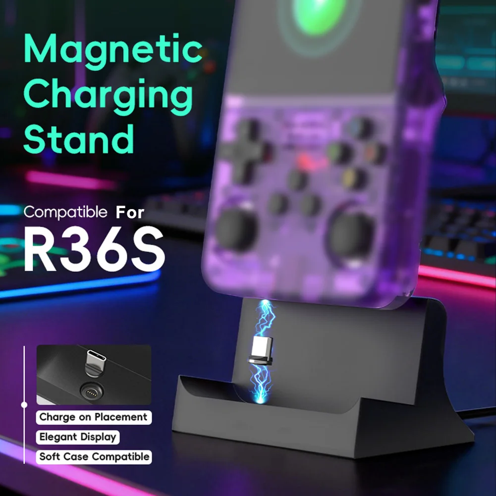 Magnetic Charging Stand Built For R36S Game Console With Optimized Dimensions And Robust ABS Material For Desktop Stability