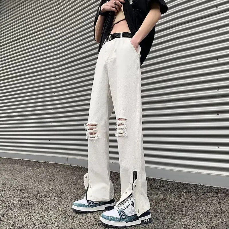 Y2K Techwear Spring New Mens Hole Denim Trousers Fashion Ripped White Jeans Hip Hop Vintage Jean Man Zip Up Casual Jean Homme 바지