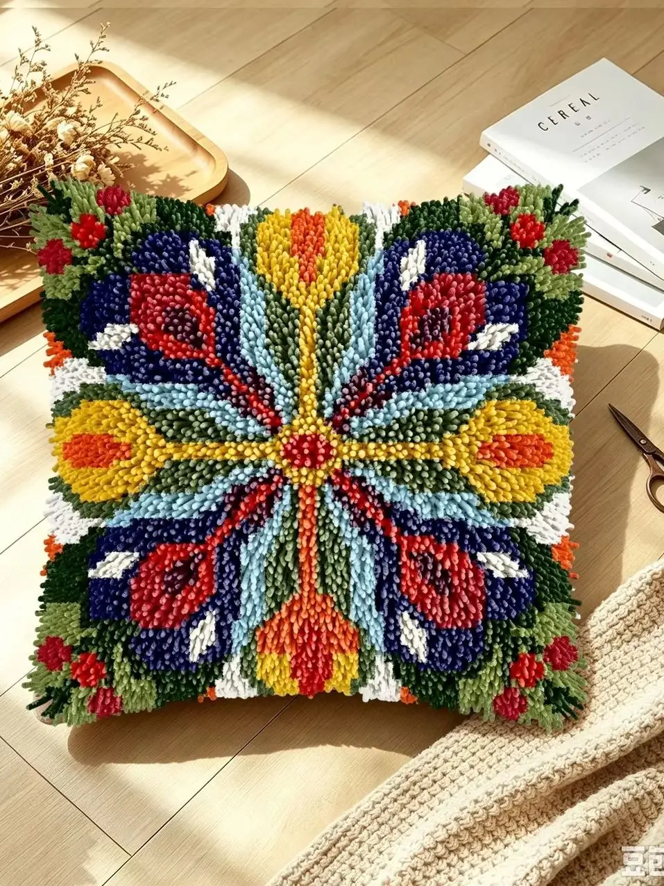 1 Set Buntes Mandala-Knoten-Kissen-Set mit Häkelnadeln, Kissenbezug-Set für Handarbeiten, Häkelnadel-Sets, DIY, anfängerfreundlich, Emb – Detail 1