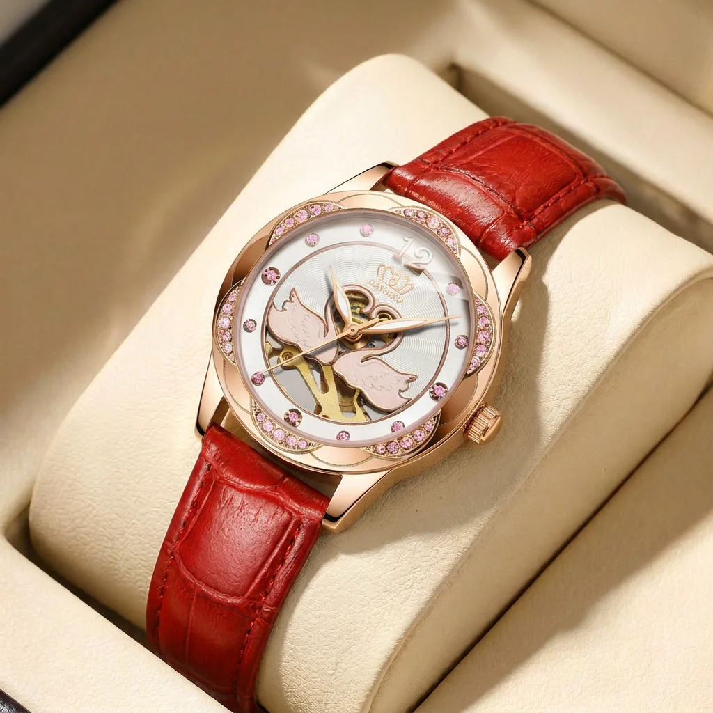1pcs Women's pink dial leather strap vintage fashion skeleton gear luxury details Mechanical Watch for business party holiday