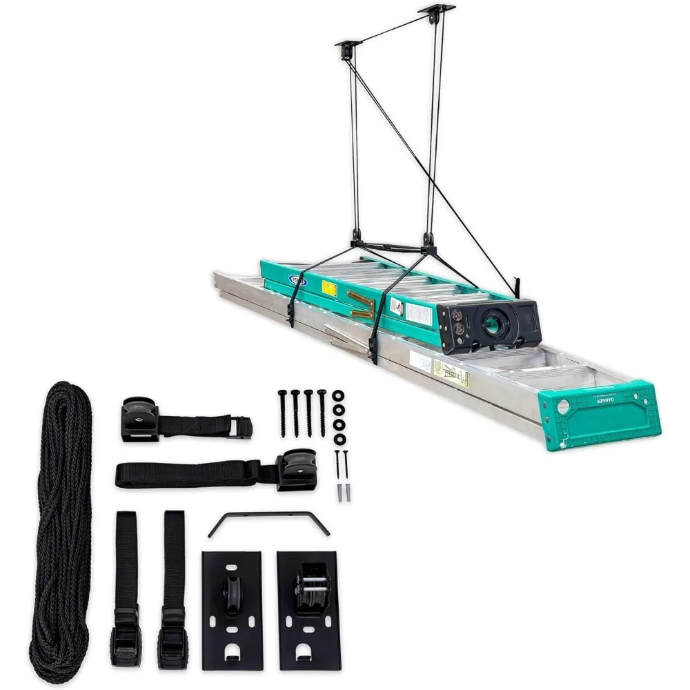 نظام بكرة سقف تخزين السلم، رافعة تثبيت على المرآب، منظم تعليق عالي التحمل يحمل 150 رطلاً - جديد تمامًا