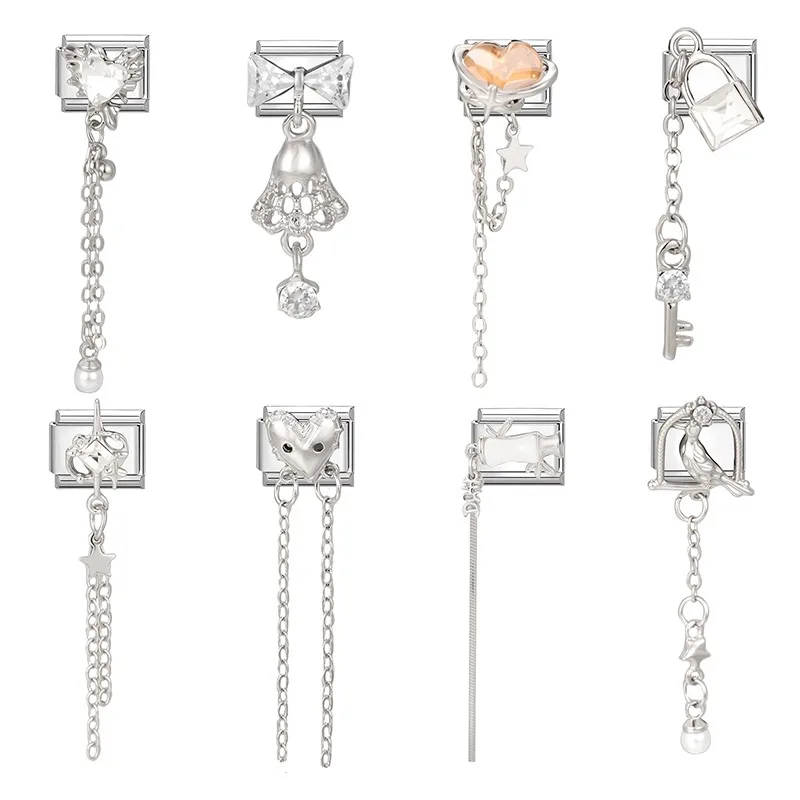 2026 Wholesale Love Heart Lock Bright Zircon Long Pendant Italian Charm Links Fit 9mm Stainless Steel Bracelet DIY Making Gifts