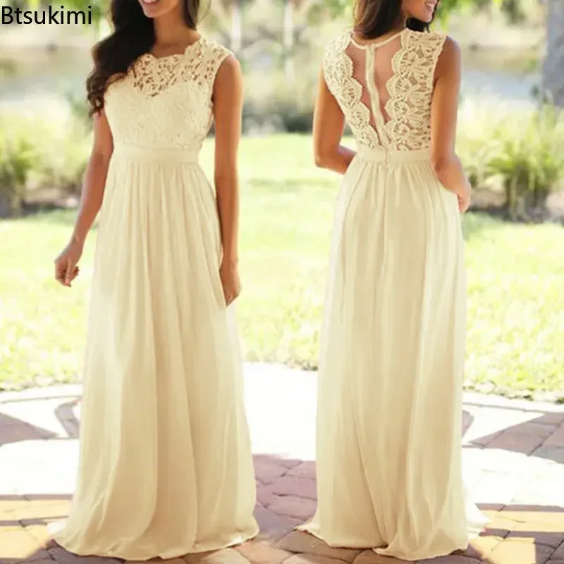 2024 Women Elegant Lace Patchwork Long Dress Female Solid Wedding Bridesmaid Party Maxi Dress Robe Femme Vestidos Dresses S-5XL