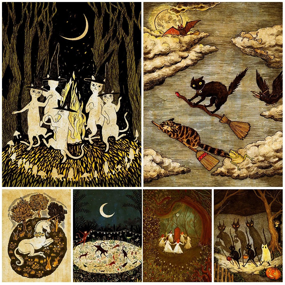 White Cat Wizards Association Vintage Wall Art Canvas Painting Witches Dancing In The Forest Art Poster And Print Decor Unframed