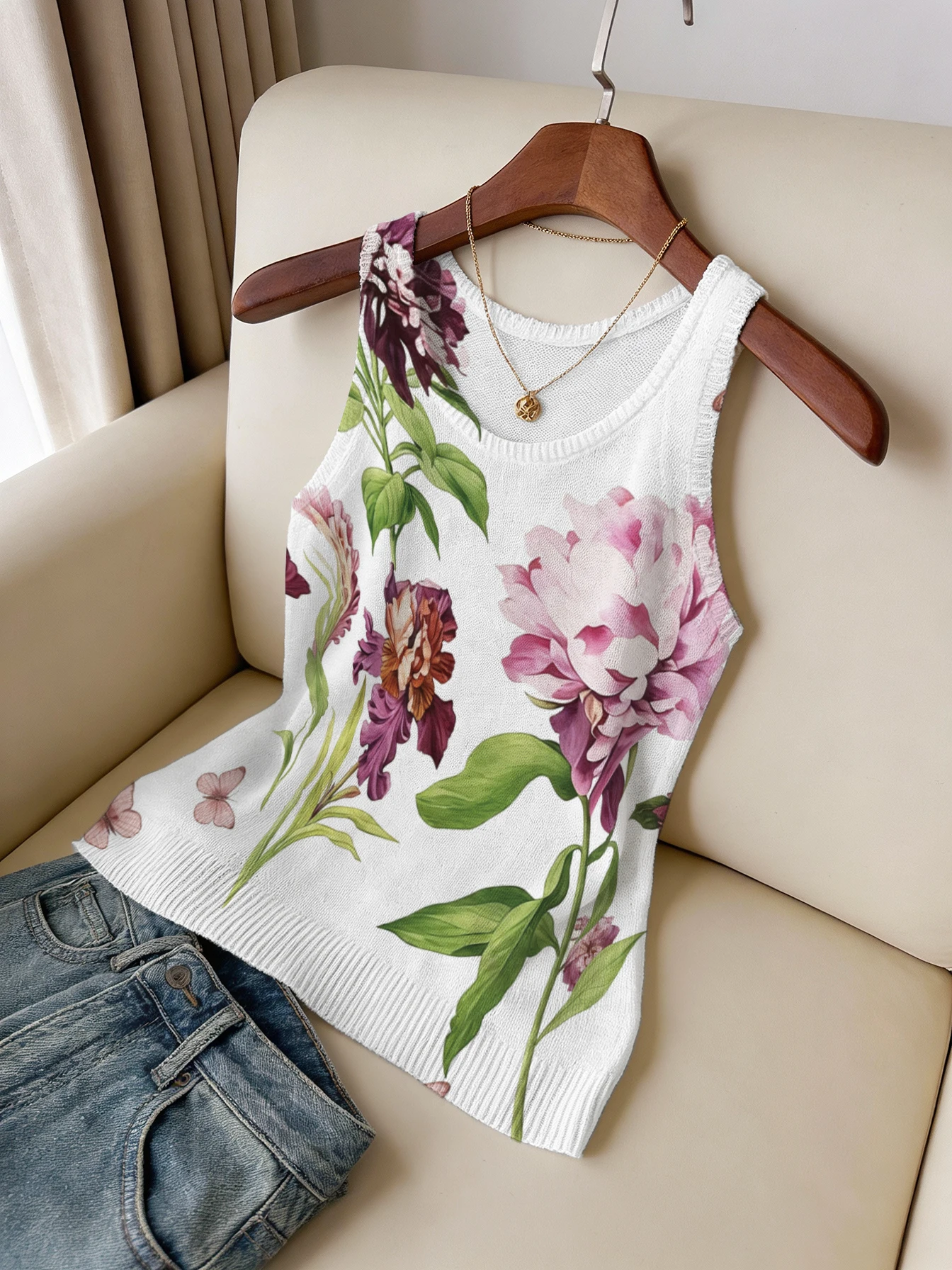 Women's Summer Floral Print Tank Top - Casual Sleeveless Knit Vest, Breathable Aesthetic Botanical Camisole for Outdoor Hiking &