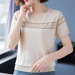 Summer Short Sleeve Round Neck Women's Tee T-shirt Loose Striped Fashion Casual Pullover Female Clothing Knitted Vintage Tops