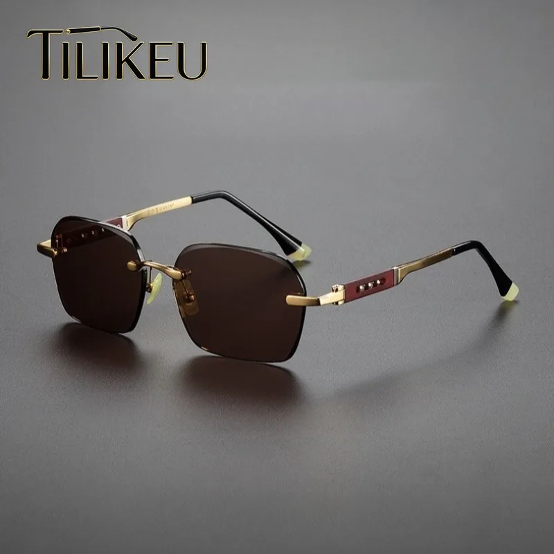 

2026 New Alloy Brown Crystal Glass Rimless Sunglasses Men Designer Luxury Square Red Wood Temple Frameless Stone Shades UV400