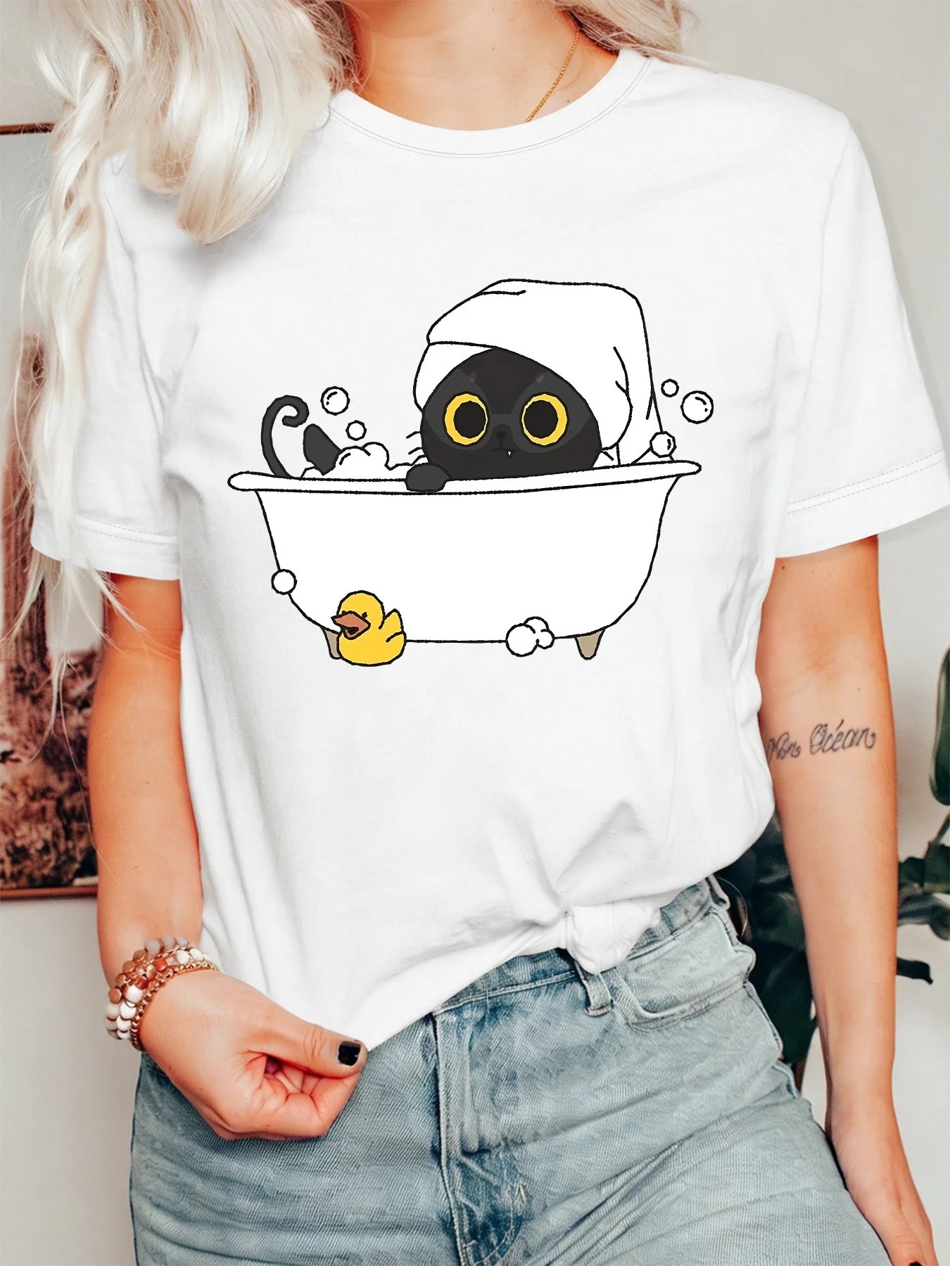 Cute Black Cat Bath Rubber Duck Womens Crew Neck Short Sleeve T Shirt Pet Kitten Fun Cartoon Casual Graphic Tees For Ladies