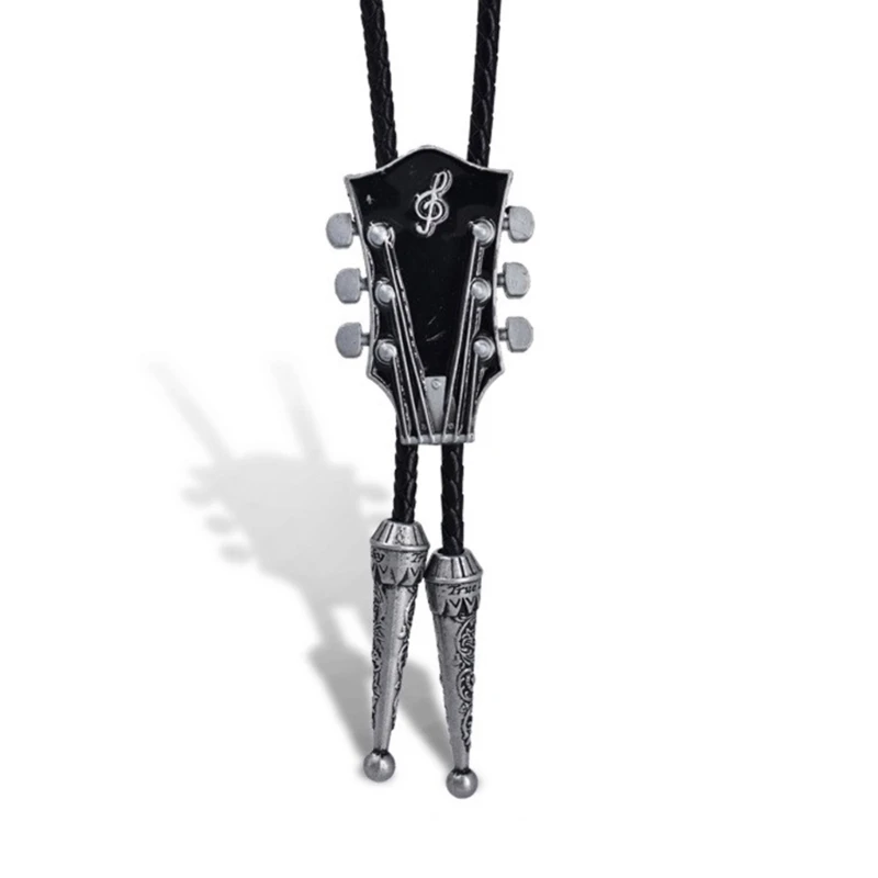 Unisex American Bolo Tie Necktie Handmade Enamel Guitar Music Pendant Cowboy Artificial Leather Rope Western Necklace