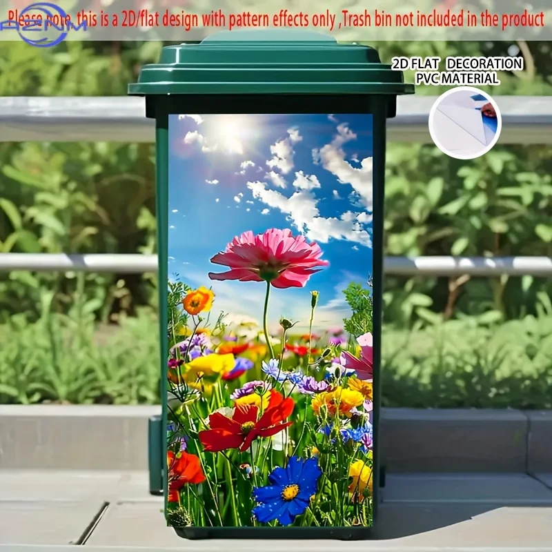 1pc 2D/FLAT Colorful Flower Field Self-Adhesive Dustbin Stickers, Durable PVC Decorative Stickers, Wheelie Bin Stickers, .01×