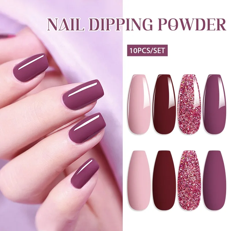 10pcs/set Nail Dipping Powder Natural Dry No Lamp Cure DIY Nail Art Decoration Pigment Dust Glitter Long Lasting Nail Supplies