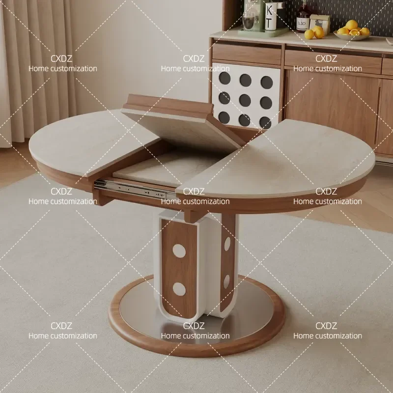 Cream antique travertine rock slab folding solid wood dining table variable round table household round telescopic dining