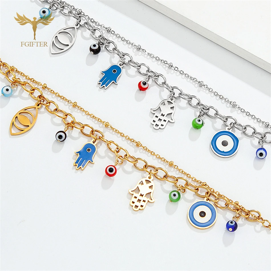 Lucky Turkish Evil Eye Bracelets for Women Hamsa Hand Charms Eye Glass Balls 2 Lays Stainless Steel Chain Lobster Clasp Jewelry