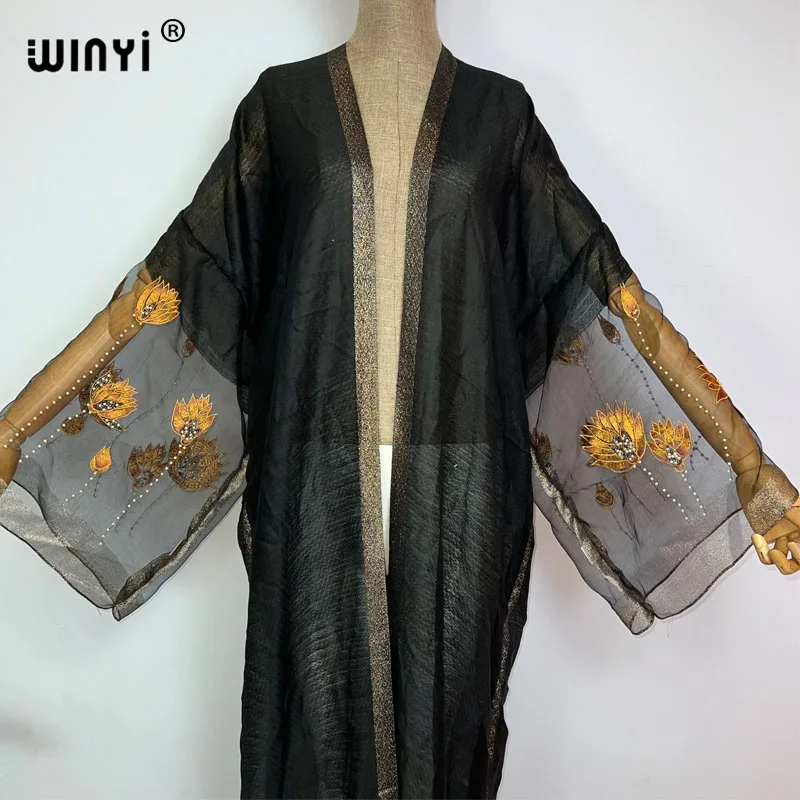 WINYI Kimonos donna di alta qualità ricamo di seta Cardigan manica lunga camicetta femminile allentato Casual beach Cover Up party kaftan