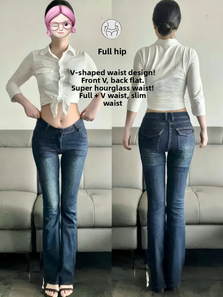 

High Waist Slimming Blue Jeans Women's High Waist Tightened Washed out Bootcut Long Trousers Commute Style Four Seasons