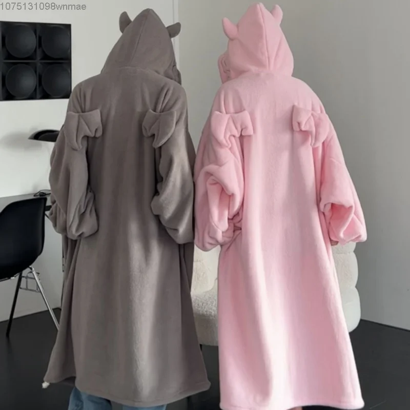 Pink Hooded Coral Velvet Pajamas for Women, Cute Little Devil Nightgowns, Plush and Thick, Loose Home Clothes, Winter Robe, New,