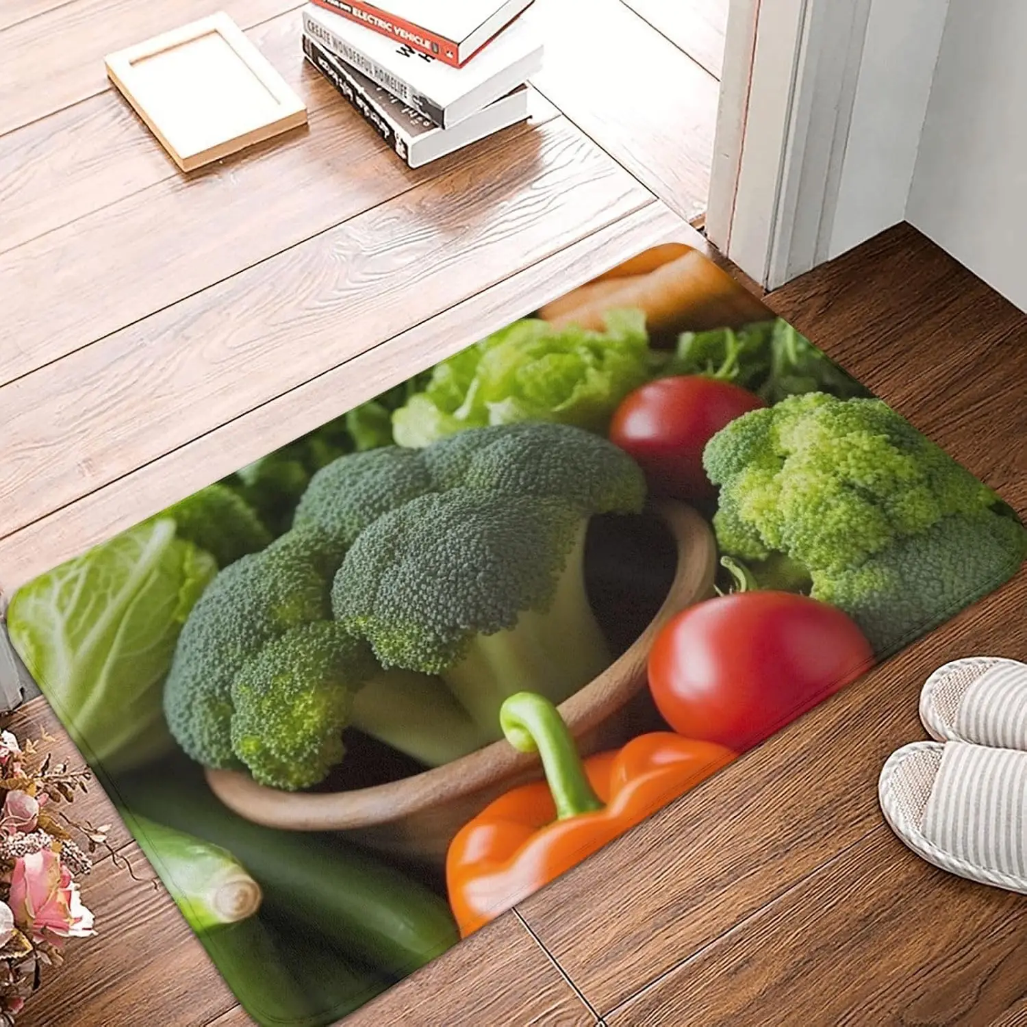 Fresh Vegetable Mix Door Mat, Broccoli Tomato Kitchen Floor Mat Healthy Food Print Entrance Rug Non-slip Washable Farmhouse Home
