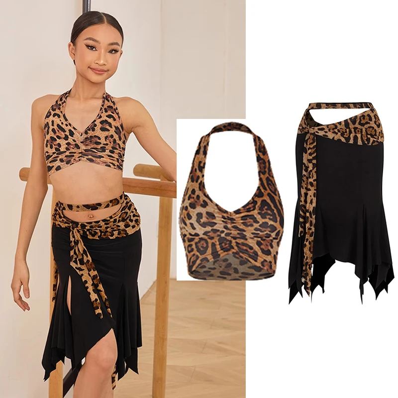 

Костюм для латинских танцев для девочек 925, леопардовые топы, нерегулярная юбка, детская одежда для танцев румбы, ча-ча, тренировочная одежда DNV23081