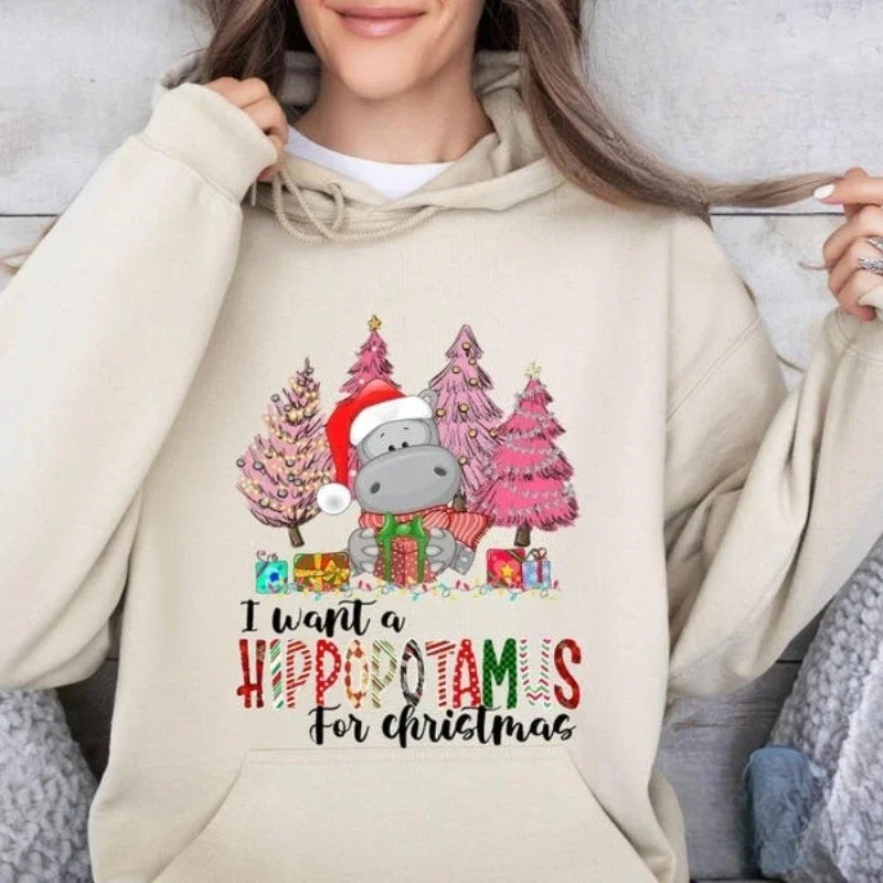 

Funny Hippopotamus Christmas trees Sweatshirt Wear a Christmas hat Hippo Lover Gift autumn and winter Long Sleeve Pullover
