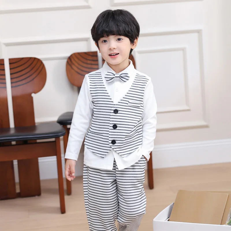 3Pieces/Set Fake Vest T Shirt Pants Bowtie Boys Photograph Suit School Kids Easter Ceremony Dress Children Birthday Costume