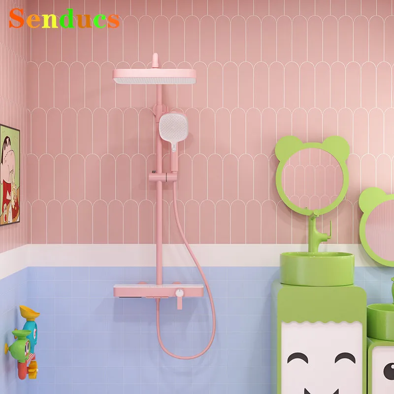 

Pink Waterfall Piano Bathroom Shower Set 12 Inch Rainfall Shower Head Brass Hot Cold Piano Waterfall Bathroom Shower System