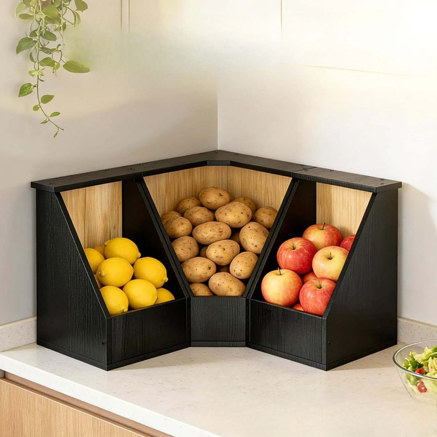 Wooden kitchen vegetable storage box, three-in-one sundries storage box