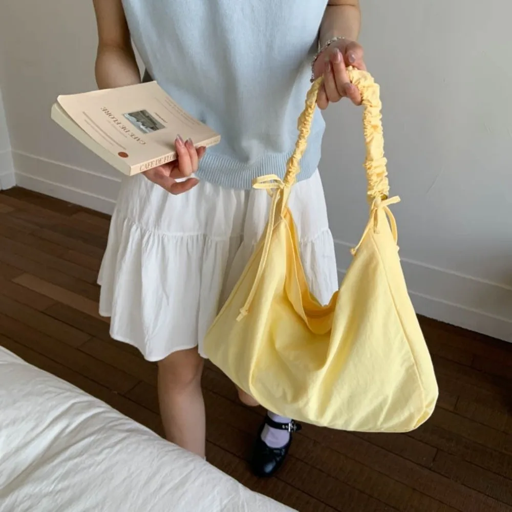 

Trendy Solid Color Pleated Shoulder Bag Simple Leisure Nylon Crossbody Bags Students Large Capacity Underarm Bag Handbags