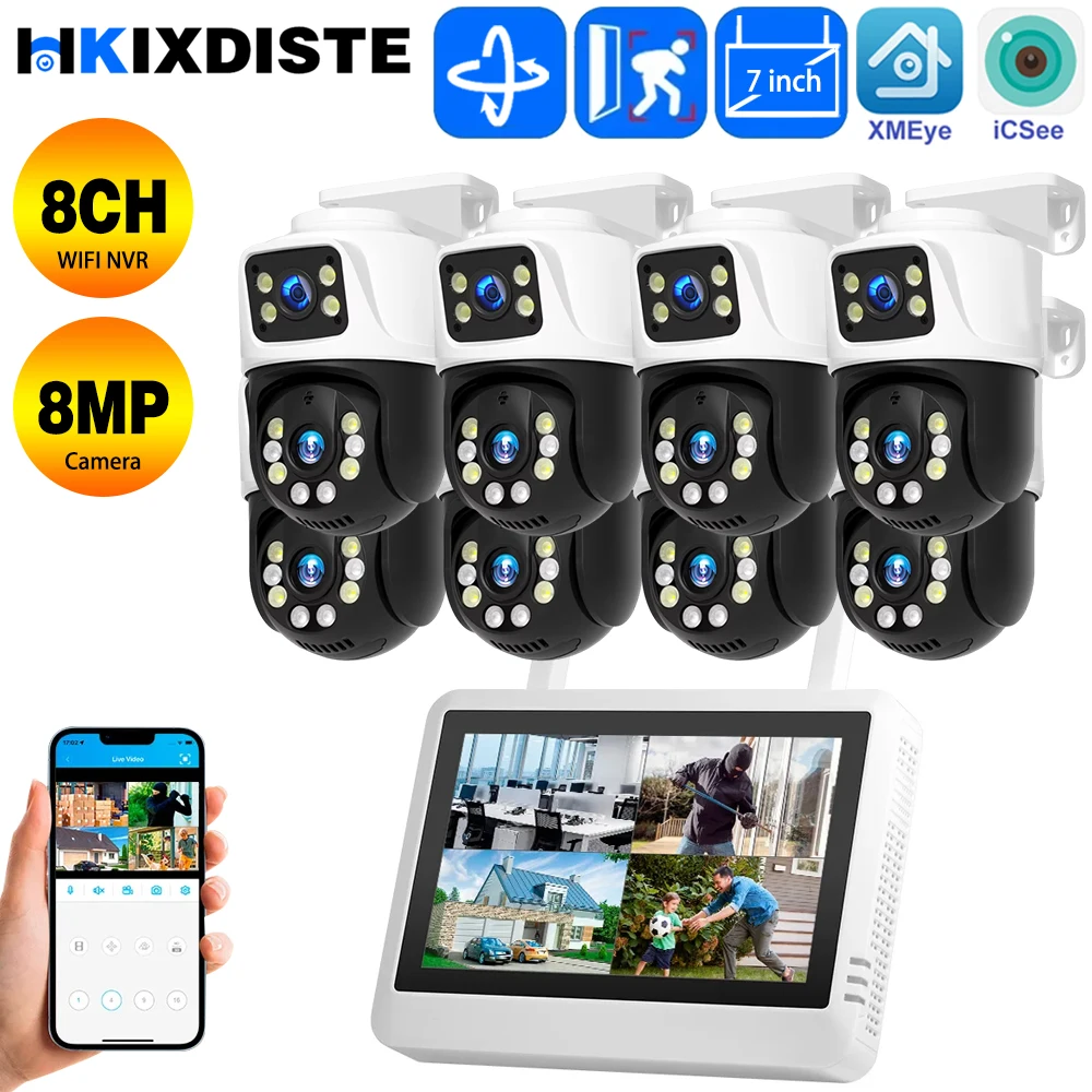 

Outdoor 4K 8MP HD Wireless Dual Lens PTZ WiFi IP Home Security Camera System 7Inch 8CH NVR H.265 Video Surveillance Set CCTV Kit