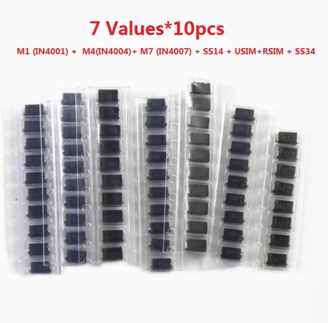 7 Values*10pcs=70pcs SMD Diode Kit  M1 (1N/IN4001) +  M4(1N/IN4004)+ M7 (1N/IN4007) + SS14 + USIM US1M+RSIM RS1M+ SS34