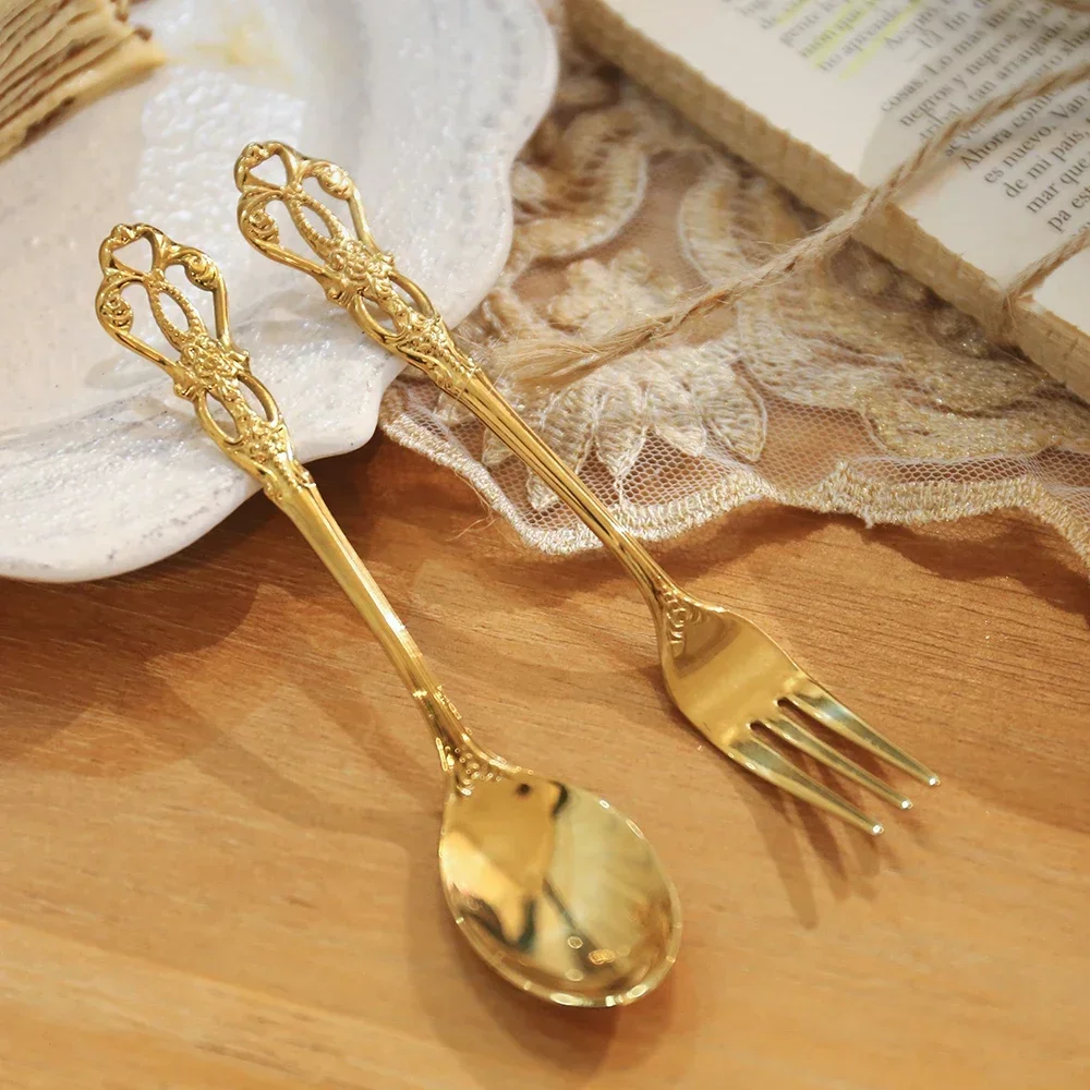 Stainless Steel Small Spoon Gold Royal Mini Spoon Fork for Dessert Coffee Fruit Tea Western Tableware Silverware Gift Home Docor