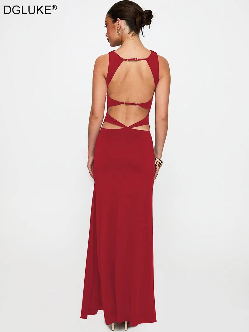 

DGLUKE Cut Out Backless Sexy Long Dress For Women Sleeveless Ruched Maxi Dress Elegant Red Evening Prom Dress