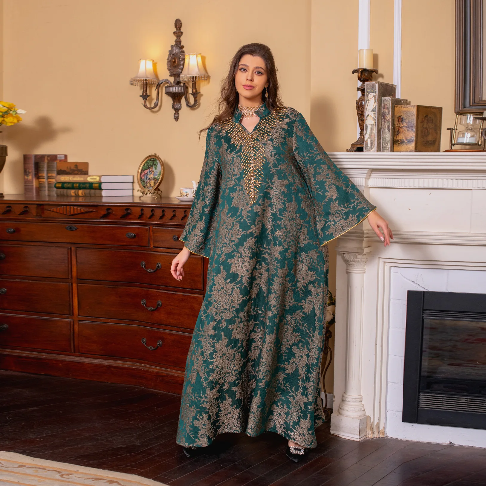 Jacquard embroidery Muslim abaya dress for women, luxury clothing with embroidery, Eid, Arabic, fashion, kaftan, Turkey, AB350