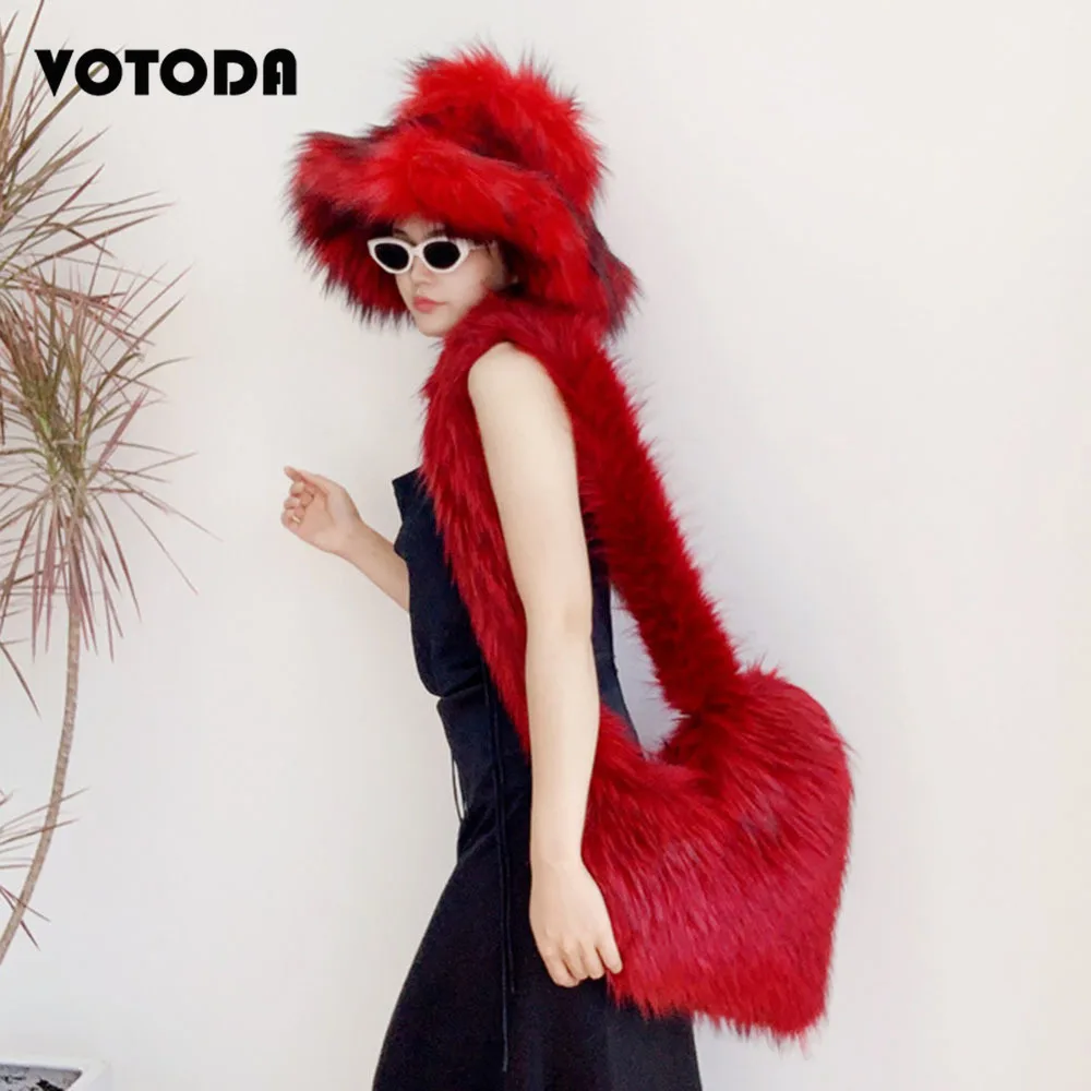 New Furry Faux Fur Hat Bag Set Women Winter Furry Warm Bucket Hat Fluffy Raccoon Fur Cap Large Capacity Tote Bag Heart Handbag